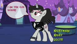 Size: 1851x1069 | Tagged: safe, artist:obeliskgirljohanny, derpibooru import, oc, oc:seraphim cyanne, unofficial characters only, pony, unicorn, base used, female, lidded eyes, mare, mascara, nightmare night, ponyville, punk, punk fashion, smug, speech bubble, spiked wristband, wristband