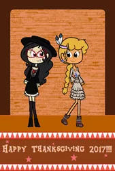 Size: 528x782 | Tagged: safe, artist:obeliskgirljohanny, derpibooru import, little strongheart, oc, oc:seraphim cyanne, human, bohemian rhapsody, boho, feather, gothic, gothic fashion, holiday, humanized, looking at each other, native american, nu goth, thanksgiving