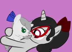 Size: 1124x812 | Tagged: safe, artist:obeliskgirljohanny, derpibooru import, oc, oc:ivory steele, oc:seraphim cyanne, unofficial characters only, unicorn, base used, female, filly, foal, glasses, hug, ribbon