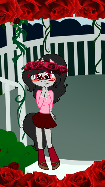 Size: 460x820 | Tagged: anthro, artist:obeliskgirljohanny, blushing, clothes, derpibooru import, floral head wreath, flower, gazebo, looking at you, oc, oc:seraphim cyanne, rose, safe, unguligrade anthro, unofficial characters only