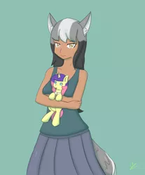 Size: 3305x4001 | Tagged: safe, artist:wolfy-pony, derpibooru import, oc, unofficial characters only, human, pony, absurd resolution, clothes, female, looking at you, mare, non-mlp oc, pleated skirt, simple background, skirt, smiling