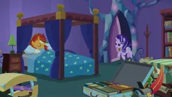 Size: 1920x1080 | Tagged: safe, derpibooru import, screencap, starlight glimmer, sunburst, pony, unicorn, uncommon bond, bed, bedroom, female, lidded eyes, male, mare, sleeping, stallion