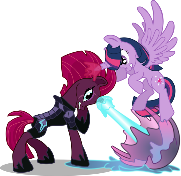 Size: 2800x2721 | Tagged: safe, artist:seahawk270, derpibooru import, tempest shadow, twilight sparkle, twilight sparkle (alicorn), alicorn, pony, unicorn, my little pony: the movie, duo, fight, gritted teeth, guardians of harmony, magic blast, simple background, toy, toy interpretation, transparent background