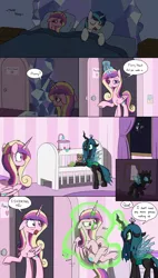 Size: 3000x5300 | Tagged: safe, artist:skitter, derpibooru import, princess cadance, princess flurry heart, queen chrysalis, shining armor, whammy, alicorn, changeling, changeling queen, pony, unicorn, comic:change of heart (skitter), bed, bipedal, bipedal leaning, bugbutt, butt, carrying, caught, comic, confused, crib, crib mobile, cropped, duo, eye contact, fear, female, flying, frown, gag, glare, holding a pony, kidnapped, leaning, levitation, lidded eyes, looking at each other, magic, magic suppression, magical bondage, mare, missing accessory, open mouth, plot, question mark, raised hoof, shocked, sleeping, speech bubble, spread wings, surprised, teddy bear, telekinesis, tired, underhoof, unshorn fetlocks, wide eyes, wings