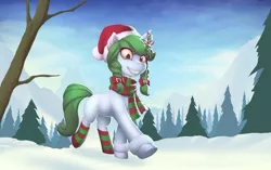 Size: 980x615 | Tagged: safe, artist:balade, derpibooru import, oc, oc:morning melody, unofficial characters only, pony, unicorn, braid, christmas, clothes, forest, hat, holiday, mistletoe, mountain, mountain range, santa hat, scarf, smiling, snow, socks, solo, striped socks, winter