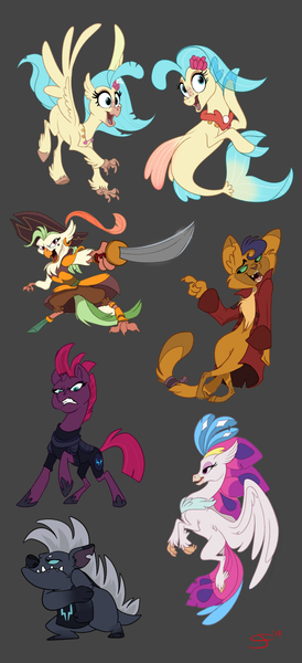 Size: 595x1304 | Tagged: safe, artist:joliecarbone, derpibooru import, capper dapperpaws, captain celaeno, grubber, princess skystar, queen novo, tempest shadow, abyssinian, anthro, cat, classical hippogriff, digitigrade anthro, hippogriff, seapony (g4), unicorn, my little pony: the movie, amputee, angry, armor, broken horn, cutlass, eye scar, female, gray background, happy, hat, male, mare, peg leg, pirate hat, prosthetic leg, prosthetic limb, prosthetics, scar, simple background, spread wings, sword, weapon, wings