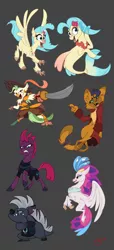 Size: 595x1304 | Tagged: safe, artist:joliecarbone, derpibooru import, capper dapperpaws, captain celaeno, grubber, princess skystar, queen novo, tempest shadow, abyssinian, anthro, cat, classical hippogriff, digitigrade anthro, hippogriff, seapony (g4), unicorn, my little pony: the movie, amputee, angry, armor, broken horn, cutlass, eye scar, female, gray background, happy, hat, male, mare, peg leg, pirate hat, prosthetic leg, prosthetic limb, prosthetics, scar, simple background, spread wings, sword, weapon, wings