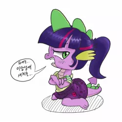 Size: 1296x1295 | Tagged: angry, artist:soshyqqq, clothes, costume, crossdressing, crossed arms, derpibooru import, dialogue, dragon, equestria girls outfit, implied sci-twi, korean, safe, solo, speech bubble, spike, translated in the description, translation request, twilight sparkle, upset, vulgar, wig