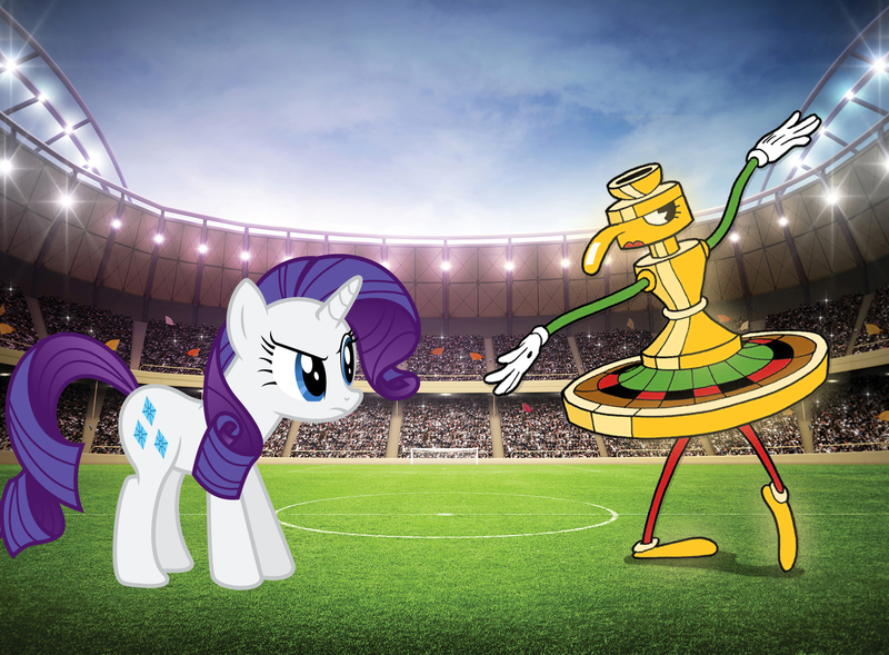 Size: 2000x1473 | Tagged: safe, artist:arcgaming91, derpibooru import, rarity, pony, unicorn, crossover, cuphead, fight, pirouletta