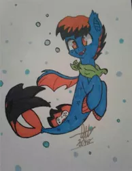 Size: 1535x1980 | Tagged: safe, derpibooru import, oc, oc:blue pixel, unofficial characters only, bat pony, bandana, cutie mark, fangs, seaponified, solo, species swap, traditional art