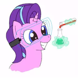 Size: 335x338 | Tagged: safe, artist:earthenhoof, derpibooru import, starlight glimmer, pony, unicorn, aggie.io, bust, chemicals, erlenmeyer flask, flask, magic, portrait, safety goggles, science, smiling, solo, test tube