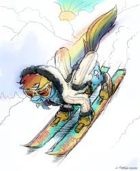 Size: 900x1100 | Tagged: artist:docwario, boots, clothes, cloud, derpibooru import, goggles, hood, jacket, mountain, rainbow dash, safe, shoes, skiing, skis, snow, snow goggles, solo, sun, winter