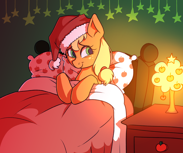 Size: 1280x1066 | Tagged: safe, artist:jellynut, derpibooru import, applejack, earth pony, pony, apple, bed, christmas, cute, female, hat, holiday, jackabetes, lamp, mare, santa hat, smiling, solo, stars, that pony sure does love apples