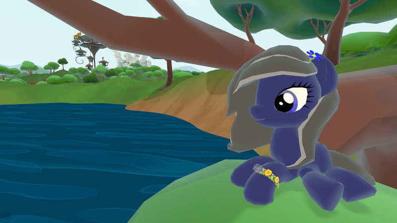 Size: 1920x1080 | Tagged: safe, artist:moon flower, derpibooru import, oc, oc:moon flower, unofficial characters only, earth pony, pony, 2017, 3d, accessories, bracelet, dandelion, flower, flower in hair, jewelry, lake, legends of equestria, lying, nature, outdoors, scenery, solo, the heartlands, tree, wallpaper