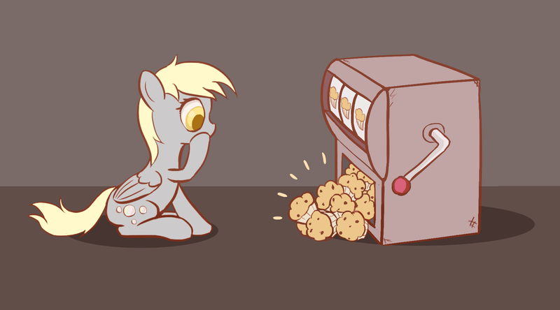 Size: 1800x1000 | Tagged: safe, artist:re7natus, derpibooru import, derpy hooves, pegasus, pony, cute, derpabetes, eyes on the prize, female, food, gray background, jackpot, mare, muffin, shocked, simple background, sitting, slot machine, solo, wide eyes