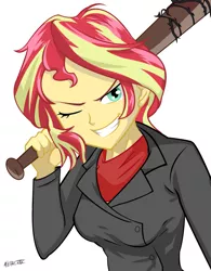 Size: 1123x1440 | Tagged: safe, artist:ngrycritic, derpibooru import, sunset shimmer, equestria girls, amc, baseball bat, crossover, evil grin, grin, negan, one eye closed, simple background, smiling, solo, style emulation, the walking dead, white background, wink