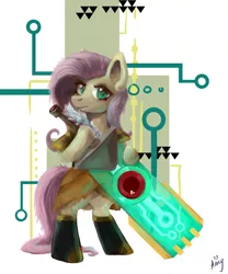 Size: 2500x3000 | Tagged: safe, artist:amy-gamy, derpibooru import, fluttershy, pegasus, pony, abstract background, bipedal, clothes, cosplay, costume, crossover, head turn, hoof hold, looking at you, red (transistor), solo, sword, transistor, weapon