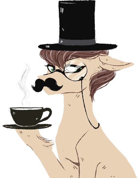 Size: 1000x1302 | Tagged: safe, artist:weird--fish, derpibooru import, oc, oc:rusty star, unofficial characters only, earth pony, pony, bust, cup, facial hair, food, hat, like a sir, monocle, monocle and top hat, moustache, simple background, solo, tea, teacup, top hat, white background