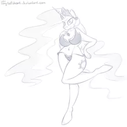 Size: 1024x1024 | Tagged: alicorn, anthro, artist:longtailshort, belly button, big breasts, bra, breasts, busty princess celestia, cleavage, clothes, crown, cutie mark, derpibooru import, female, horn, jewelry, mare, monochrome, panties, praise the sun, princess celestia, raised leg, regalia, sexy, simple background, sketch, smiling, solo, solo female, stupid sexy celestia, suggestive, underwear, unguligrade anthro, white background, wings