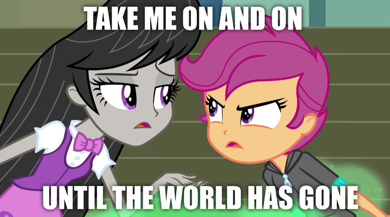 Size: 1280x714 | Tagged: safe, derpibooru import, edit, edited screencap, screencap, octavia melody, scootaloo, equestria girls, rainbow rocks, electric light orchestra, image macro, lyrics, meme, song reference, take me on and on