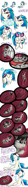 Size: 900x6000 | Tagged: questionable, artist:gtsdev, derpibooru import, edit, octavia melody, vinyl scratch, earth pony, pony, unicorn, comic, endosoma, female, fetish, inside stomach, internal, lesbian, mare, micro, scratchtavia, shipping, soft vore, stomach, swallowing, vinyl pred, vore, wholesome vore, willing vore