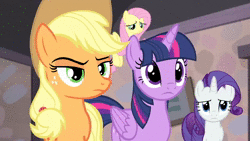 Size: 1280x720 | Tagged: safe, derpibooru import, screencap, applejack, fluttershy, rarity, twilight sparkle, twilight sparkle (alicorn), alicorn, the cutie map, animated, equal sign, flying, our town, picture frame, say what, sound, webm
