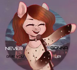 Size: 1876x1716 | Tagged: safe, artist:jeffapegas, derpibooru import, oc, unofficial characters only, pony, semi-anthro, bipedal, clothes, eyes closed, female, lyrics, mare, microphone, never gonna give you up, rick astley, rickroll, shirt, singing, smiling, solo, song reference