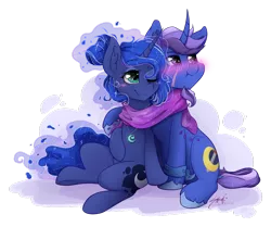 Size: 1024x856 | Tagged: safe, artist:midnightpremiere, derpibooru import, princess luna, oc, oc:azure night, alicorn, pony, unicorn, azuna, blushing, canon x oc, clothes, cute, female, male, scarf, scrunchy face, shared clothing, shared scarf, simple background, straight, transparent background, unshorn fetlocks