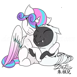 Size: 1024x1024 | Tagged: age regression, artist:dark-x-light, changeling, changeling larva, derpibooru import, female, flurrax, male, princess flurry heart, safe, shipping, simple background, straight, thorax, transparent background, watermark, younger