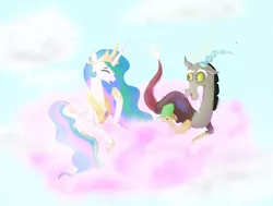 Size: 3832x2892 | Tagged: safe, artist:mr100dragon100, derpibooru import, discord, princess celestia, alicorn, draconequus, pony, cotten candy cloud, dislestia, female, male, shipping, sky, straight