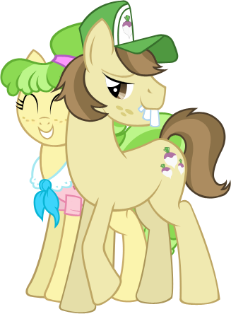 Size: 327x444 | Tagged: safe, artist:thecheri, derpibooru import, chickadee, hayseed turnip truck, ms. peachbottom, earth pony, pony, bucktooth, duo, female, male, mare, peachtruck, shipping, simple background, stallion, straight, transparent background