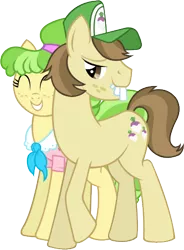 Size: 327x444 | Tagged: safe, artist:thecheri, derpibooru import, chickadee, hayseed turnip truck, ms. peachbottom, earth pony, pony, bucktooth, duo, female, male, mare, peachtruck, shipping, simple background, stallion, straight, transparent background