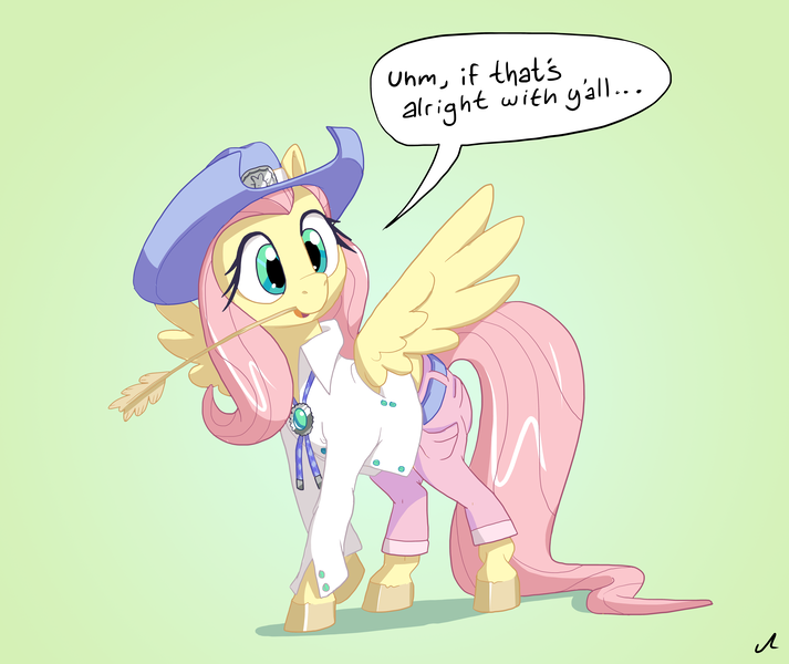 Size: 7600x6400 | Tagged: safe, artist:docwario, derpibooru import, fluttershy, pegasus, pony, absurd resolution, accent, belt, bolo tie, clothes, cowboy hat, cute, dialogue, female, gradient background, hat, head turn, mare, open mouth, pants, pocket, realistic horse legs, shirt, shyabetes, solo, speech bubble, spread wings, straw in mouth, talking, unshorn fetlocks, wings, y'all