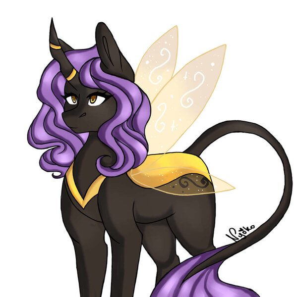 Size: 1024x1036 | Tagged: safe, artist:nyokoart, derpibooru import, changeling queen oc, oc, unofficial characters only, changeling, changeling queen, pony, female, leonine tail, parent:queen chrysalis, solo, yellow changeling