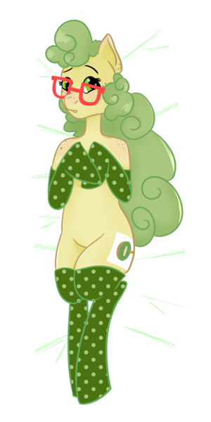 Size: 2000x4000 | Tagged: safe, artist:kiwiscribbles, derpibooru import, oc, oc:kiwi scribbles, unofficial characters only, earth pony, semi-anthro, body pillow, body pillow design, clothes, ear freckles, female, freckles, glasses, mare, polka dots, shoulder freckles, simple background, socks, solo, thigh highs, transparent background