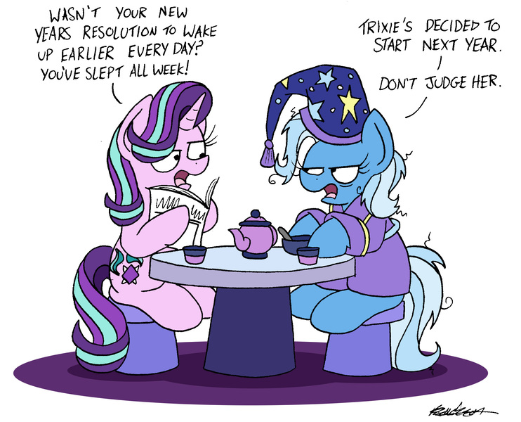 Size: 2072x1675 | Tagged: safe, artist:bobthedalek, derpibooru import, starlight glimmer, trixie, pony, unicorn, bathrobe, bed mane, clothes, female, hat, mare, newspaper, nightcap, paper, robe, simple background, sitting, table, teapot, tired, trixie's nightcap, white background