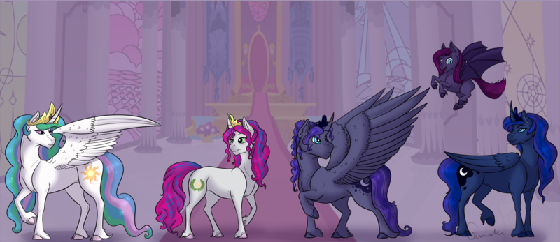 Size: 1800x780 | Tagged: safe, artist:ganashiashaka, derpibooru import, princess celestia, princess luna, oc, oc:aurora, oc:serena, oc:somnium, oc:viola noctre, alicorn, bat pony, pony, unicorn, female, filly, flying, male, mare, offspring, parent:good king sombra, parent:king sombra, parent:princess celestia, parent:princess luna, parents:celestibra, stallion, story included