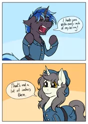Size: 2893x4092 | Tagged: safe, artist:sugaryviolet, derpibooru import, oc, oc:lock down, oc:short fuse, unofficial characters only, pony, unicorn, angry, argument, clothes, comic, duo, eyes closed, humiliation, implied penis, impotent rage, male, rekt, sassy, smiling, stallion, uniform