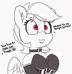 Size: 2101x2156 | Tagged: semi-grimdark, suggestive, artist:pabbley, derpibooru import, rainbow dash, starlight glimmer, pegasus, pony, 30 minute art challenge, choker, clothes, collar, dialogue, evening gloves, eyeshadow, female, fiducia compellia, gloves, hypnosis, hypnotized, implied starlight glimmer, long gloves, makeup, mare, offscreen character, open mouth, partial color, prostitute, socks, solo, solo female, stockings, thigh highs