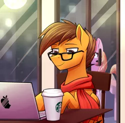 Size: 2500x2450 | Tagged: safe, artist:rubywave32, derpibooru import, oc, oc:compylight, unofficial characters only, pony, computer, laptop computer, male, solo focus, stallion, starbucks