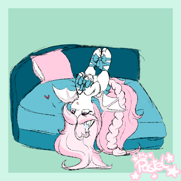 Size: 2000x2000 | Tagged: safe, artist:pastel-pony-princess, derpibooru import, oc, oc:sylphie, unofficial characters only, bat, bat pony, bat pony oc, bed, bondage, gift wrapped, heart, heart eyes, on back, on bed, ribbon, silly, solo, tongue out, wingding eyes