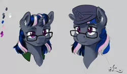 Size: 1200x700 | Tagged: safe, artist:amarynceus, deleted from derpibooru, derpibooru import, oc, oc:amarynceus, unofficial characters only, pony, unicorn, bust, ear piercing, earring, female, glasses, gray background, hat, jewelry, mare, piercing, portrait, short mane, simple background