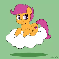 Size: 1000x1000 | Tagged: safe, artist:empyu, derpibooru import, scootaloo, pegasus, pony, 30 minute art challenge, cloud, cute, cutealoo, female, filly, green background, looking at you, on a cloud, simple background, sitting on cloud, solo, the cmc's cutie marks