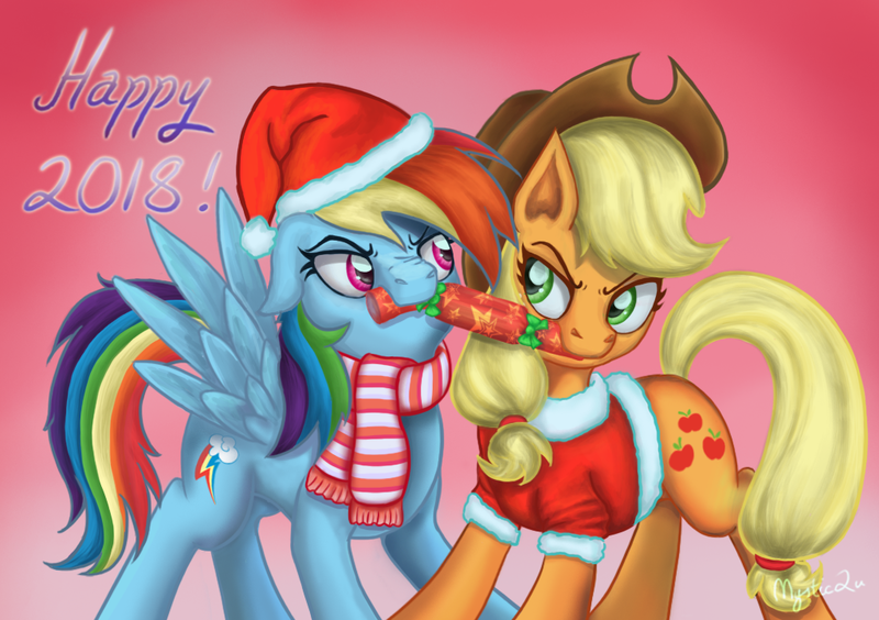 Size: 800x564 | Tagged: 2018, applejack, artist:mystic2u, christmas, christmas cracker, clothes, cowboy hat, derpibooru import, happy new year 2018, hat, holiday, mouth hold, rainbow dash, safe, santa hat, scarf