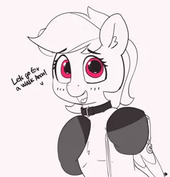 Size: 1280x1341 | Tagged: suggestive, artist:pabbley, derpibooru import, rainbow dash, pony, 30 minute art challenge, blushing, clothes, collar, dialogue, dominant pov, female, femsub, leash, looking at you, mare, monochrome, neo noir, open mouth, partial color, pet play, pet-dash, simple background, socks, solo, solo female, submissive, white background