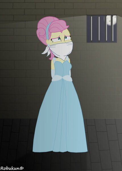 Size: 755x1057 | Tagged: safe, derpibooru import, fluttershy, equestria girls, bondage, cinderella, cindershy, clothes, damsel in distress, disney, dress, gag, tied up