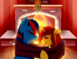 Size: 2252x1723 | Tagged: safe, artist:pharaohkieru, derpibooru import, oc, oc:curtain call, unofficial characters only, unicorn, blushing, clothes, commission, female, fireplace, male, mistletoe, oc x oc, scarf, shared clothing, shared scarf, shipping, straight