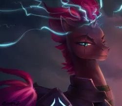 Size: 1024x886 | Tagged: safe, artist:seadraz, derpibooru import, tempest shadow, pony, my little pony: the movie, armor, broken horn, electricity, electricity magic, eye scar, female, glowing horn, magic, mare, profile, scar, signature, solo, sparking horn