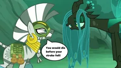 Size: 1280x720 | Tagged: alternate timeline, changeling, changeling queen, chrysalis resistance timeline, derpibooru import, ear piercing, earring, edit, edited screencap, everfree forest, female, jewelry, legolas, lord of the rings, movie quote, piercing, queen chrysalis, safe, screencap, season 5, speech bubble, the cutie re-mark, the two towers, zecora