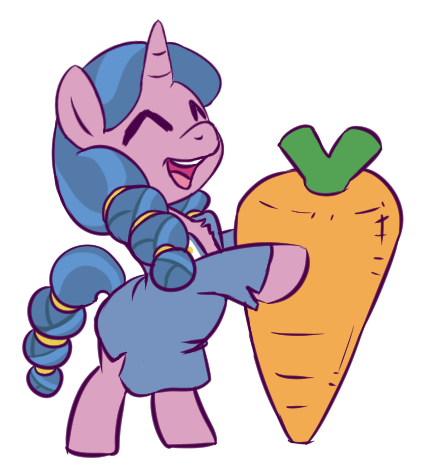 Size: 425x469 | Tagged: artist needed, safe, derpibooru import, little violet, pony, unicorn, shadow play, bipedal, braid, carrot, clothes, cute, dress, eyes closed, female, filly, food, giant carrot, giant food, hoof hold, robe, simple background, smiling, solo, white background